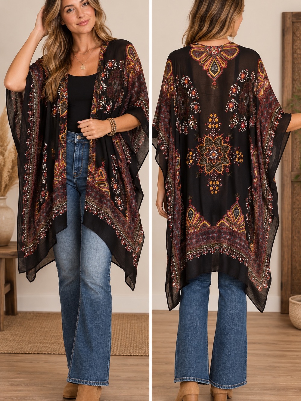 Angie One Size Black Boho Paisley Kimono | Sheer Floral Mandala Print